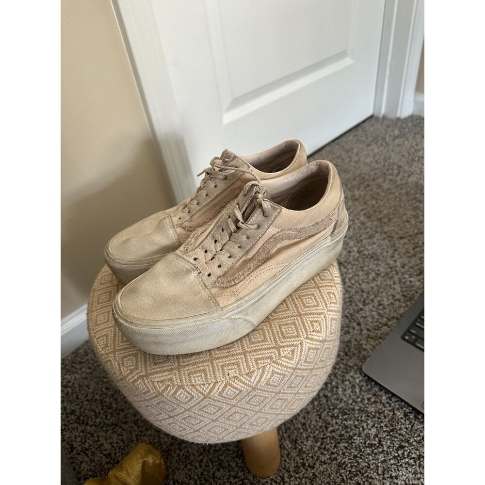 Vans Old Skool Platform Fuzzy Side Stripe Beige Tan Sneakers Women Size 6.5